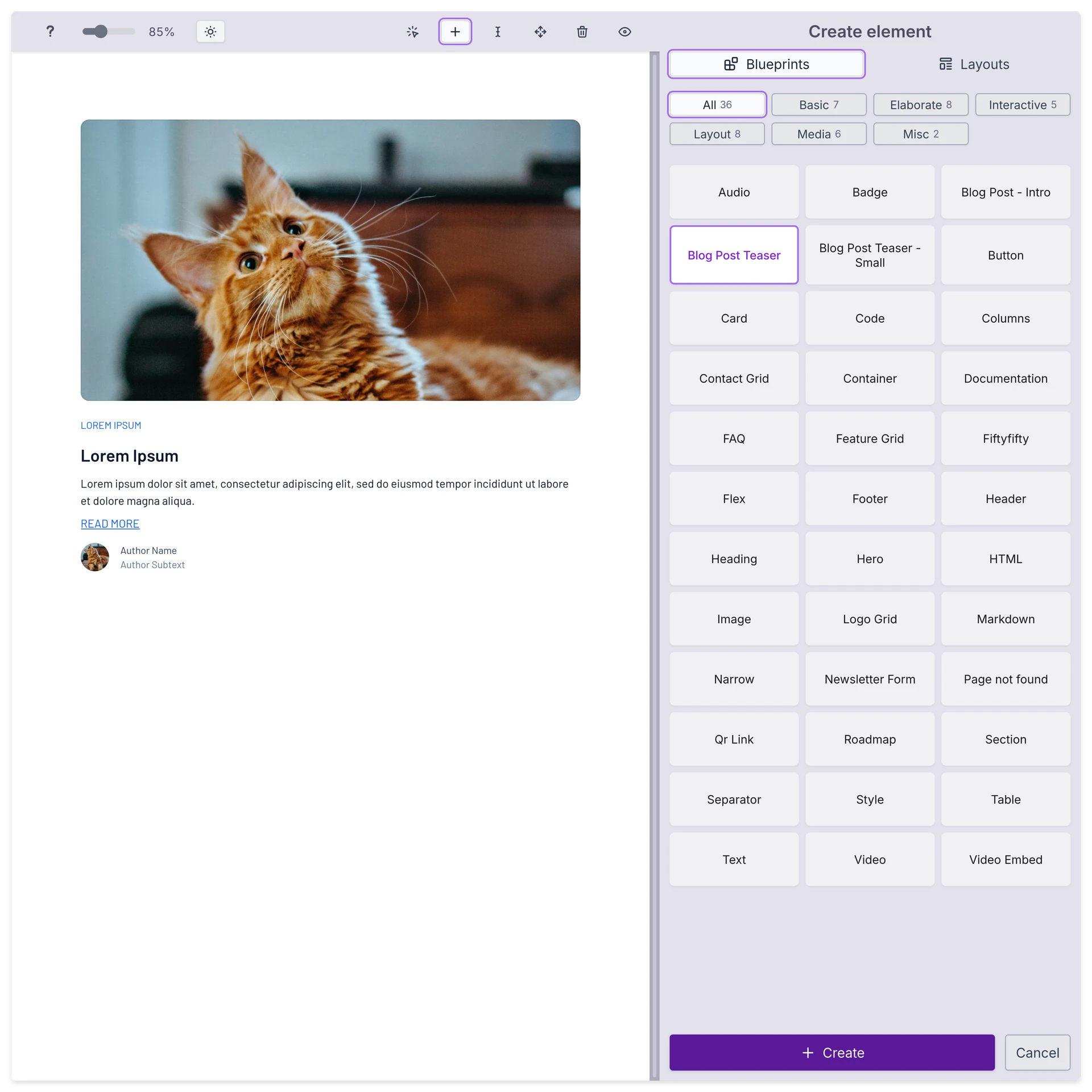 Page editor currently showing the element type selection.