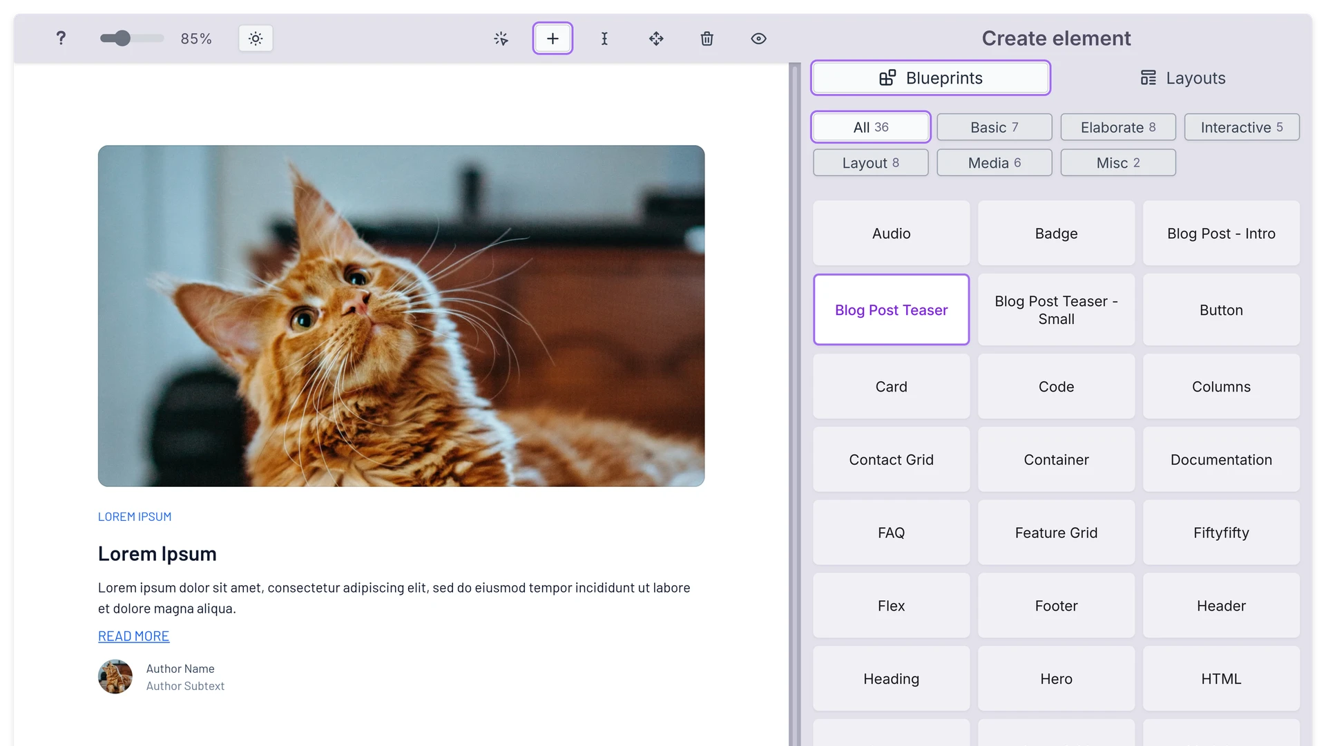 Page editor currently showing the element type selection.