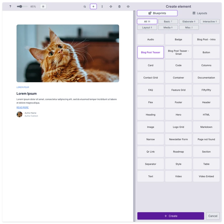 Page editor currently showing the element type selection.
