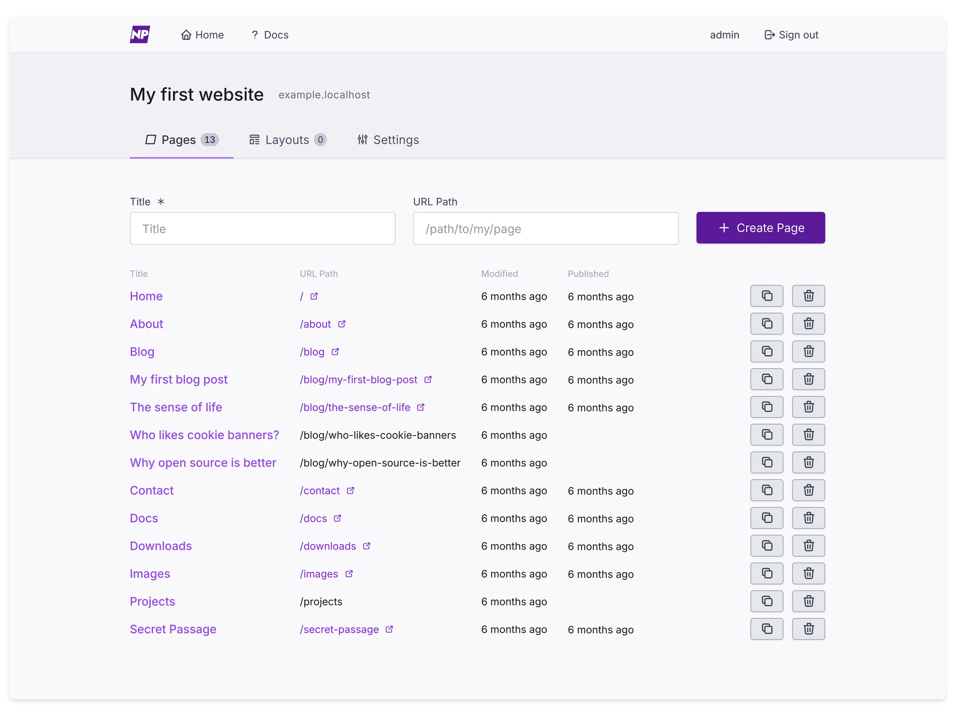 Dashboard listing pages of a project.